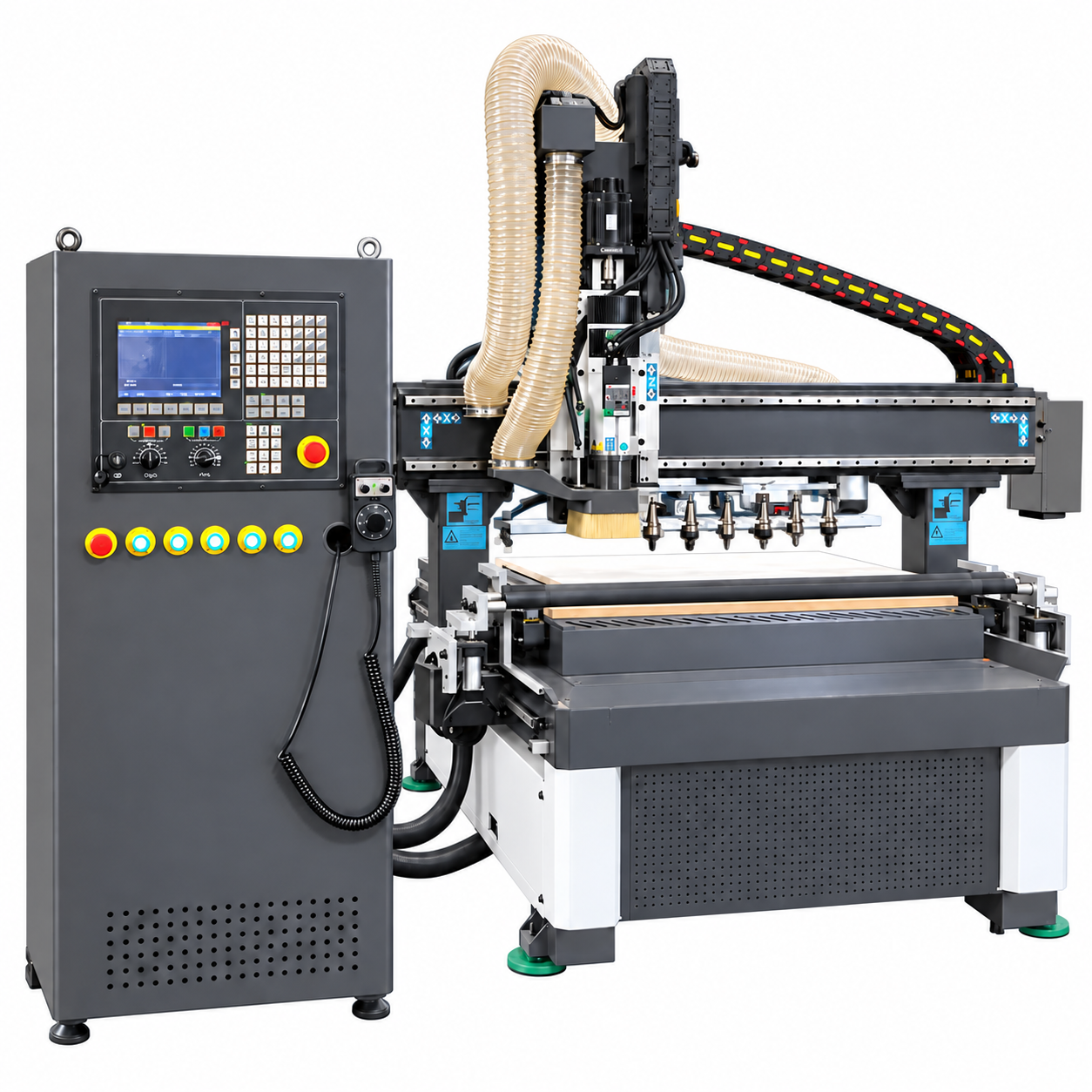CNC router with control cabinet, dust extraction hoses, and tool rack