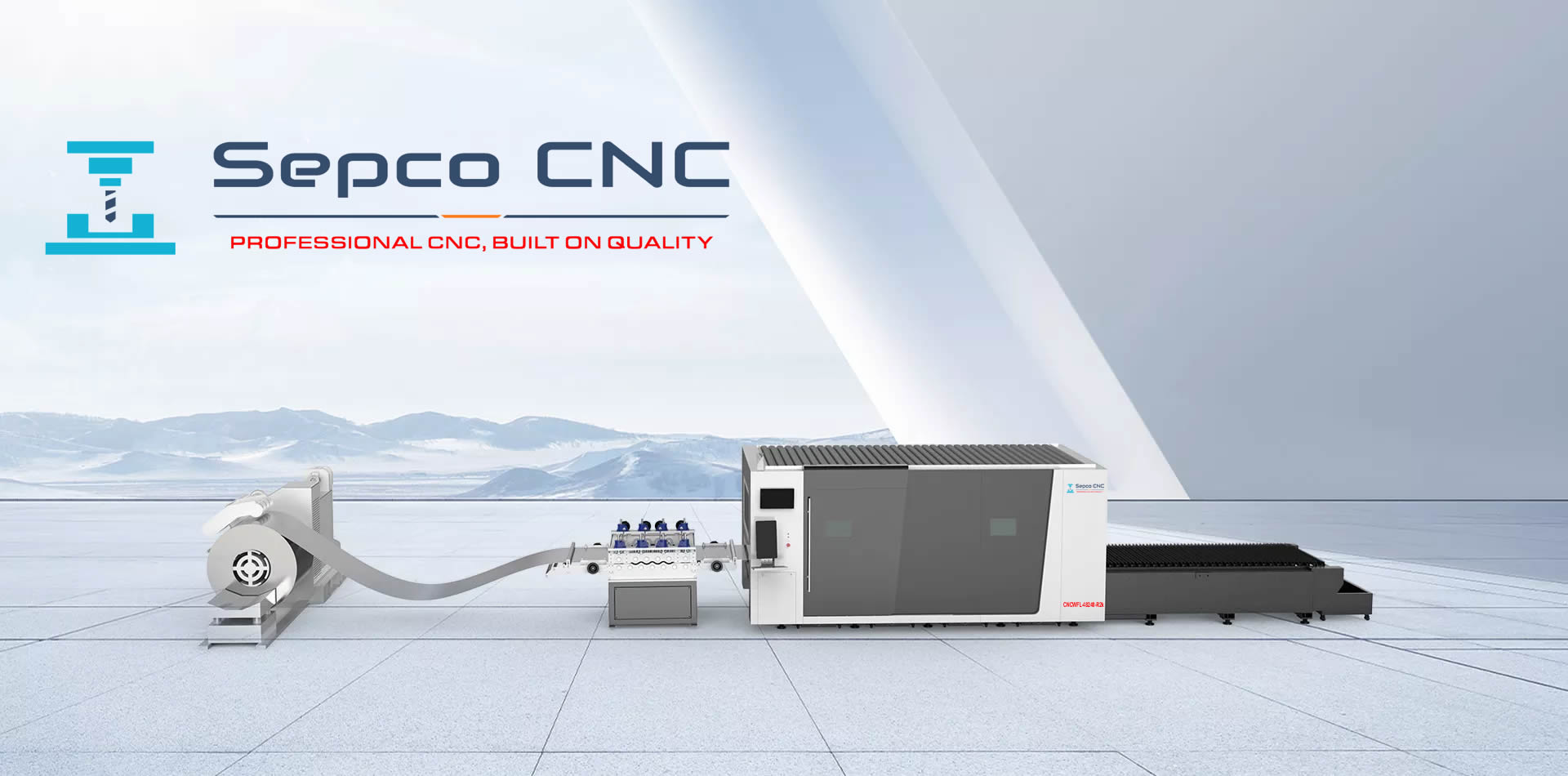 Vendor rendering of a fiber laser system with coil feeder and cutting table