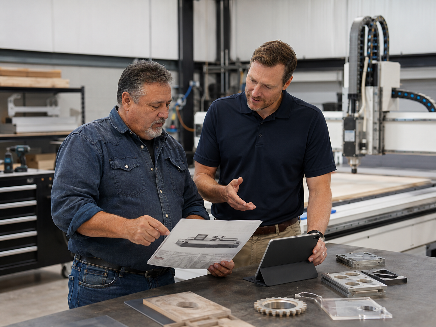 Two people reviewing equipment plans beside a CNC router